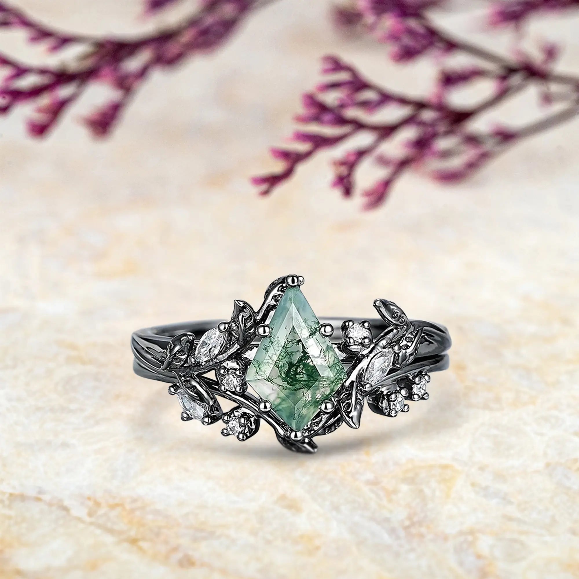black gold kite cut moss agate engagement ring set with leaf design orleone