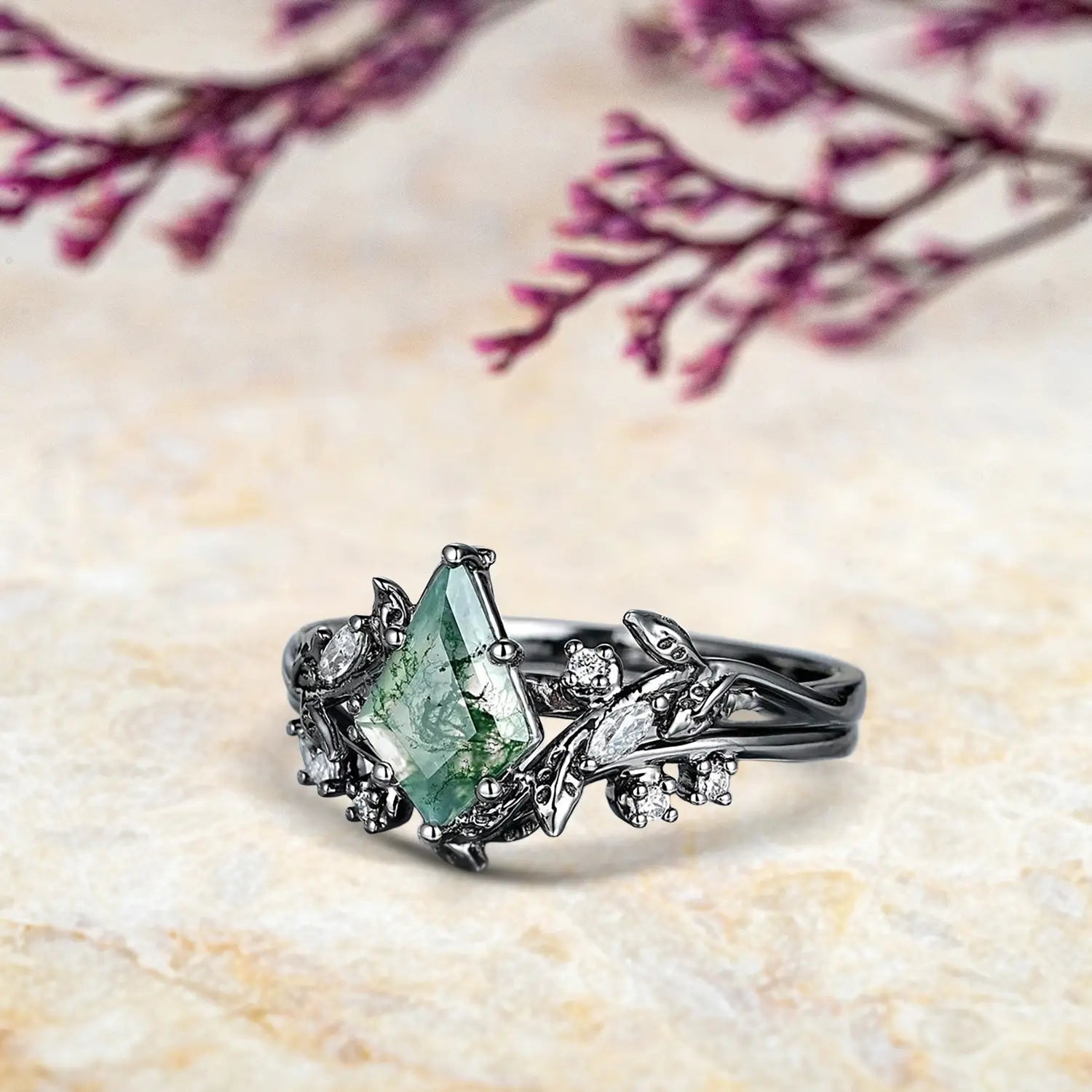 black gold kite cut moss agate engagement ring set with leaf design