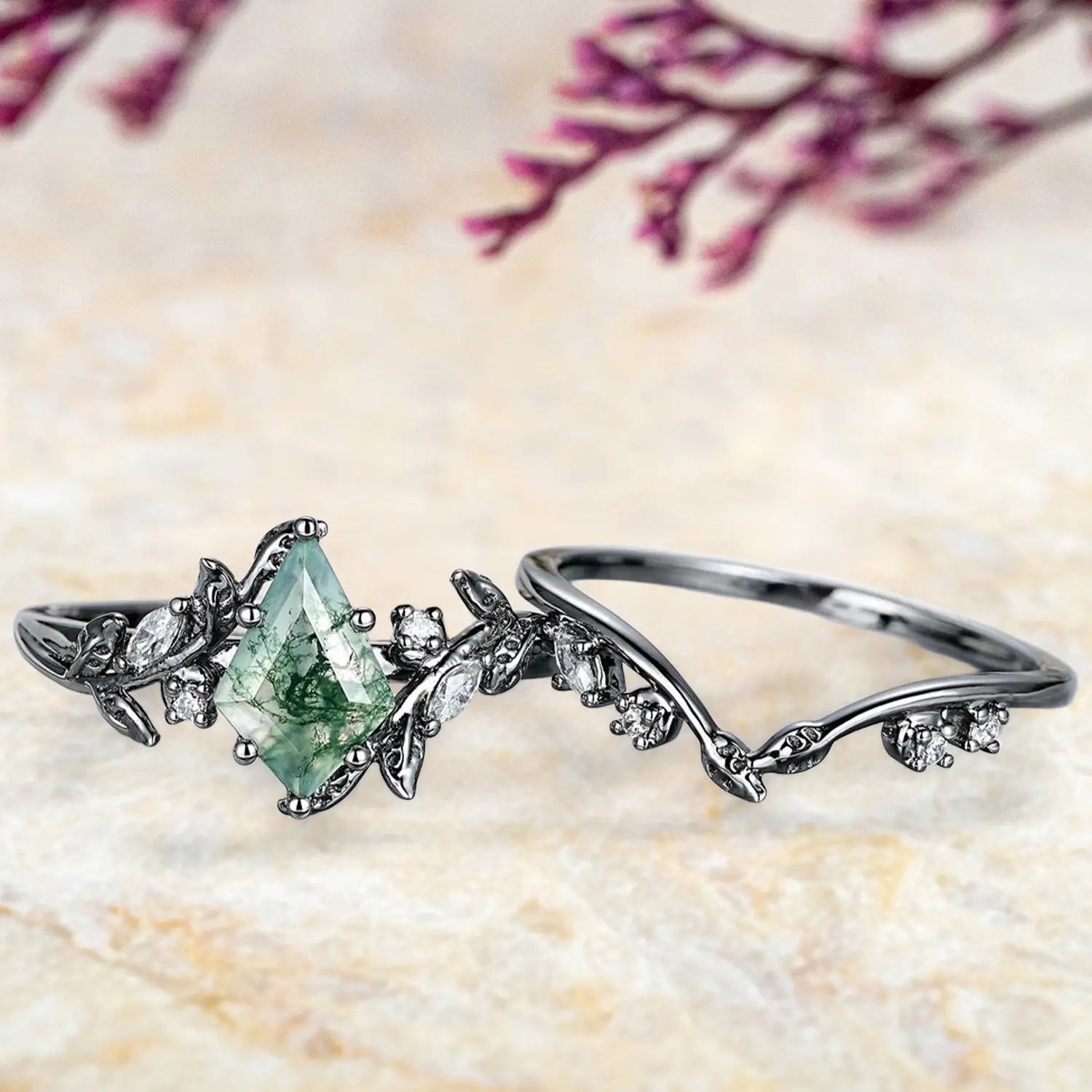 black gold kite cut moss agate engagement ring set with leaf design
