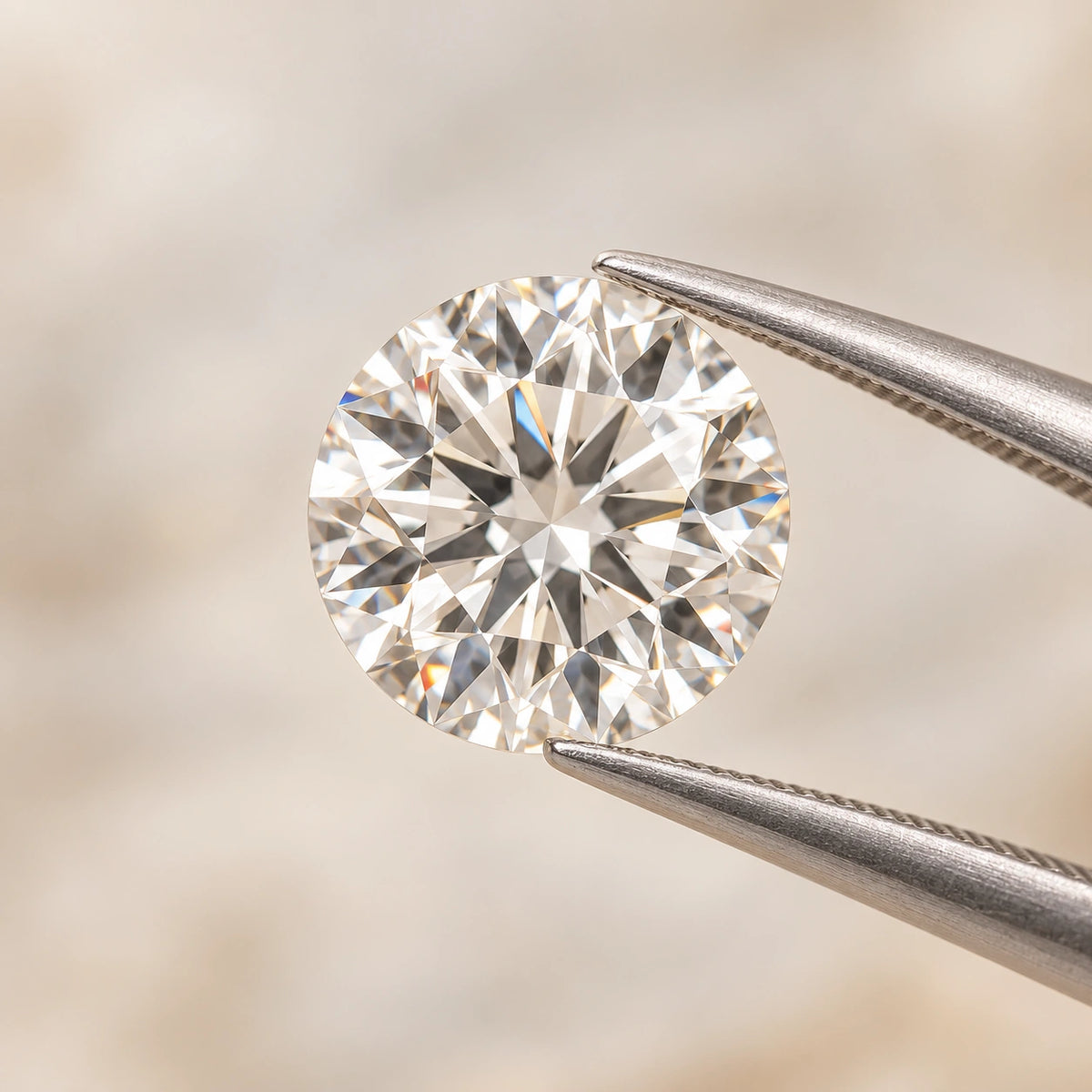 Illustrative macro view of a loose round brilliant diamond held in jeweler’s tweezers, showing crisp facets and subtle spectral fire.