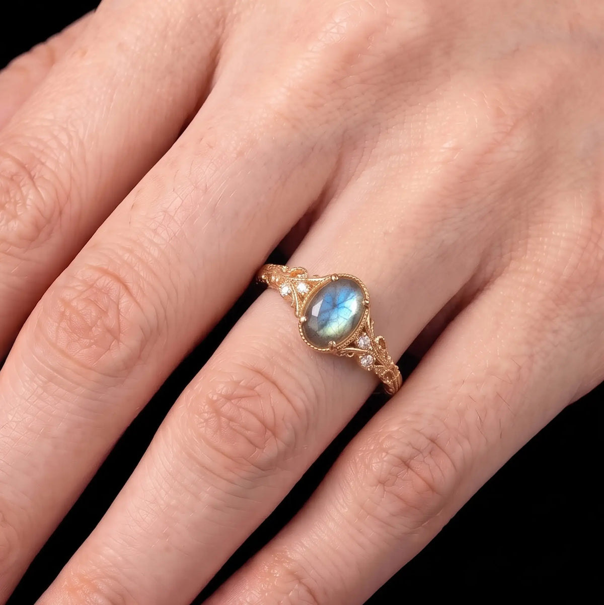 nature inspired labradorite engagement ring in gold - Victorian botanical labradorite engagement ring