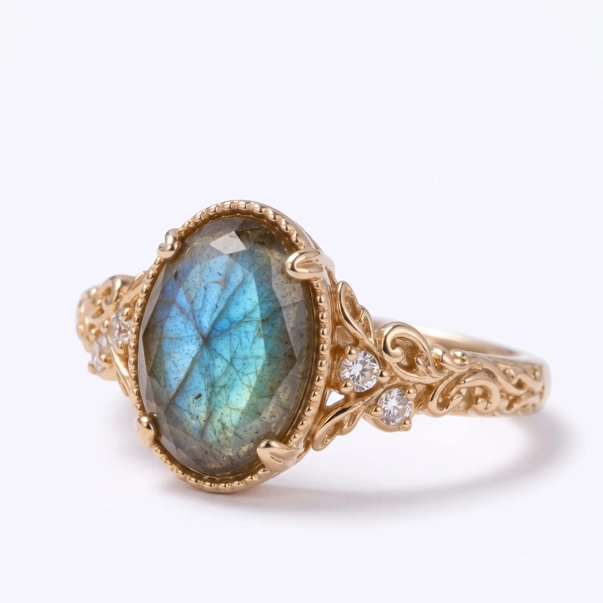 nature inspired labradorite engagement ring in gold