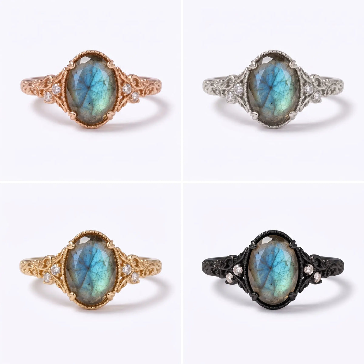 heirloom style oval labradorite gold ring romantic Victorian labradorite ring for women