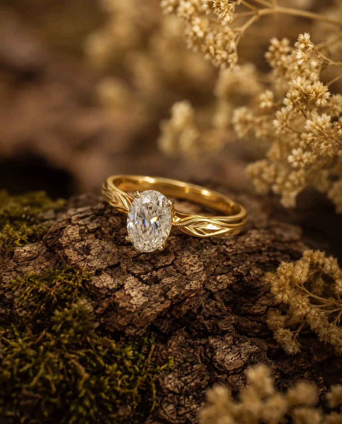 Nature-inspired oval lab diamond leaf engagement ring styled in an elegant jewelry scene