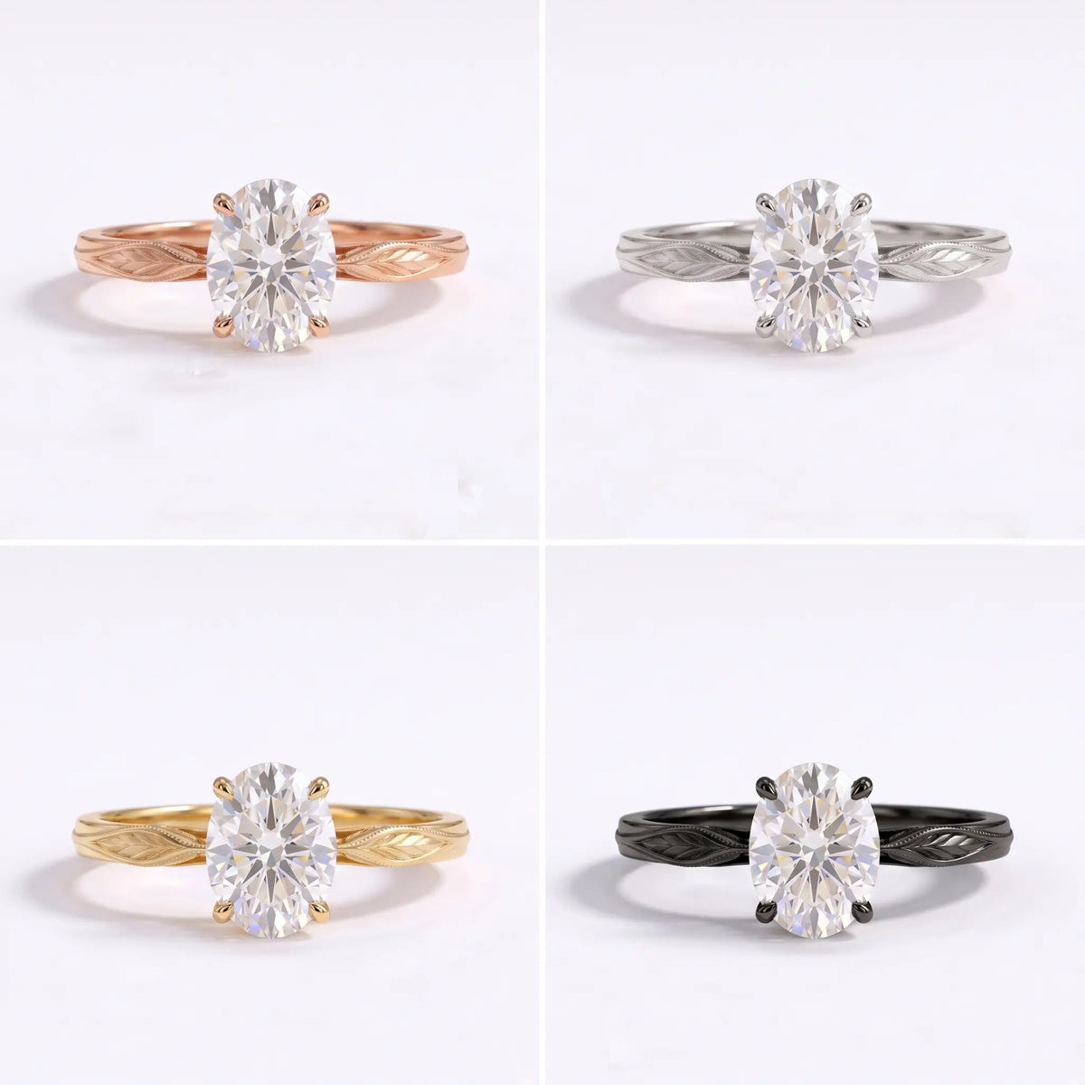 Oval lab diamond leaf ring shown in black gold, white gold, rose gold, and yellow gold