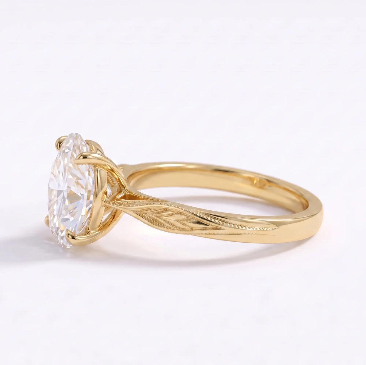 Left view of IGI-certified oval lab diamond solitaire ring with nature-inspired leaf details