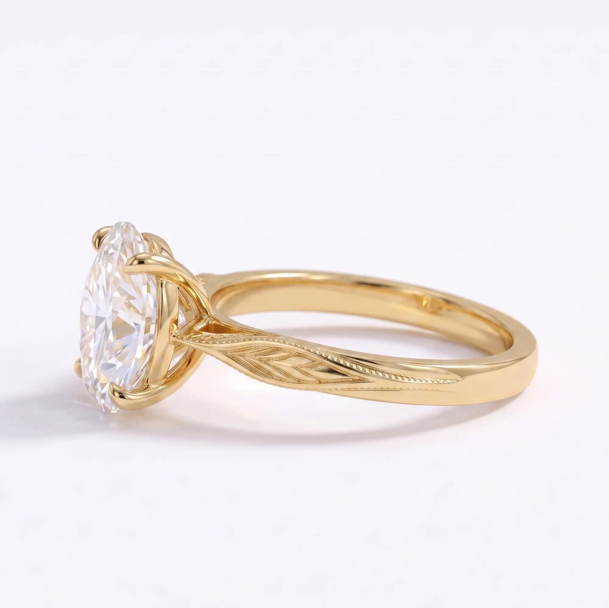 Left view of IGI-certified oval lab diamond solitaire ring with nature-inspired leaf details