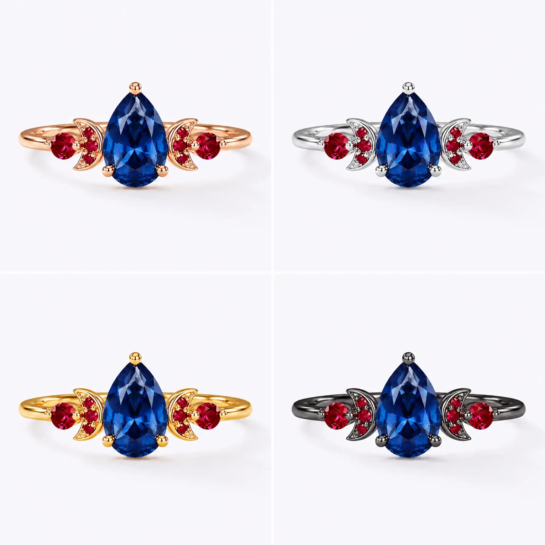 Close-up of pear cut lab sapphire center stone with ruby accents black gold yellow gold rose or white gold band
