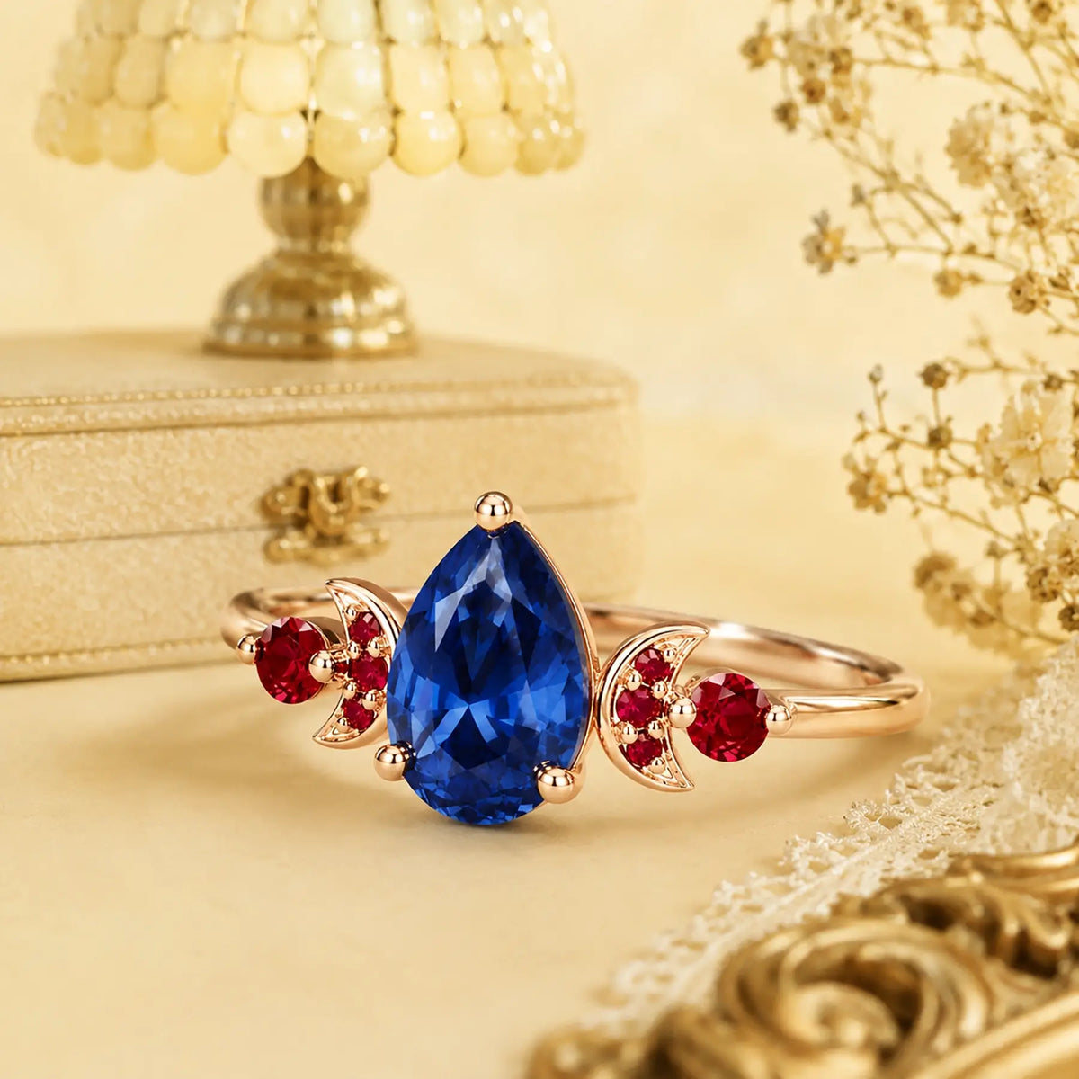 Celestial sapphire and ruby engagement ring styled in a refined jewelry scene