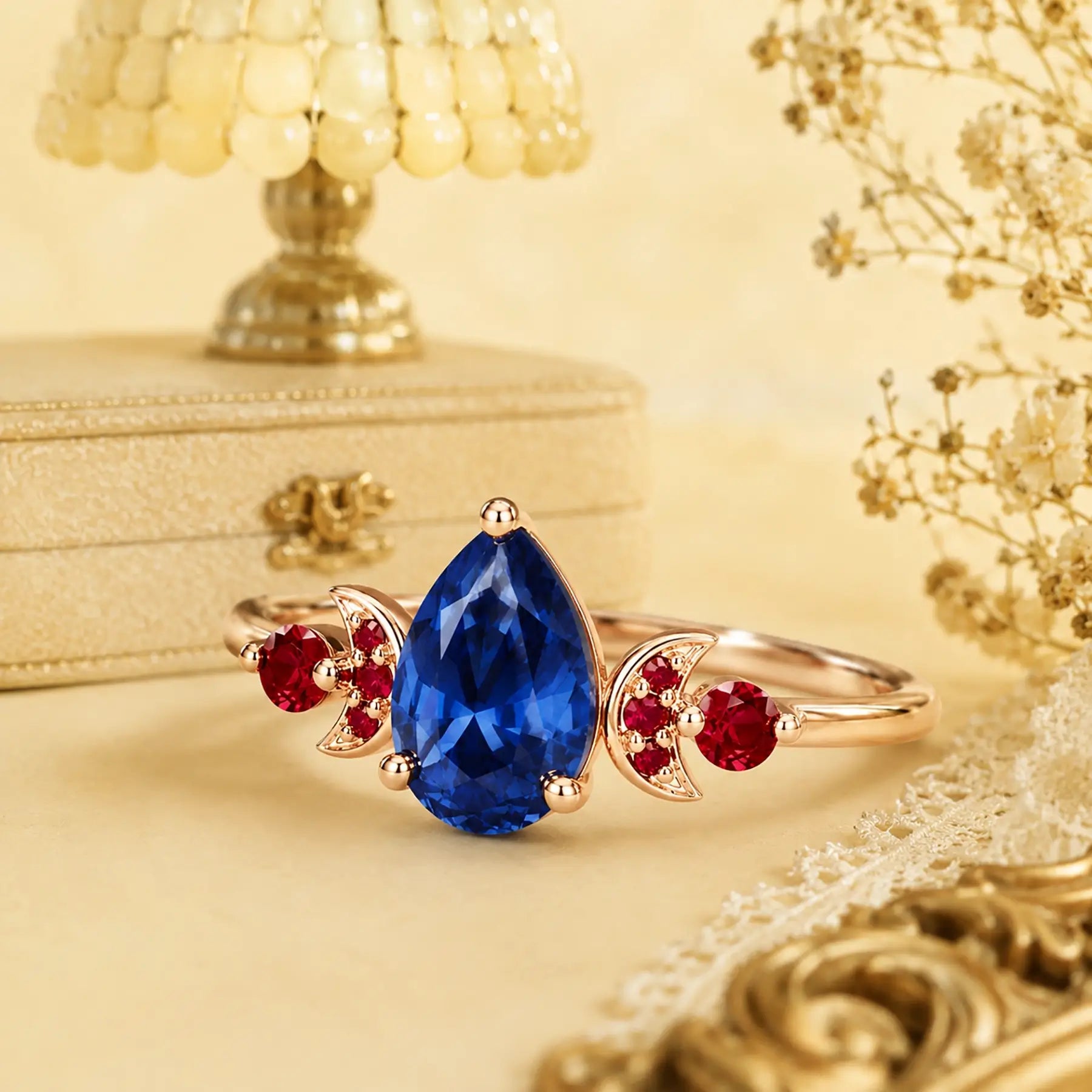Celestial sapphire and ruby engagement ring styled in a refined jewelry scene
