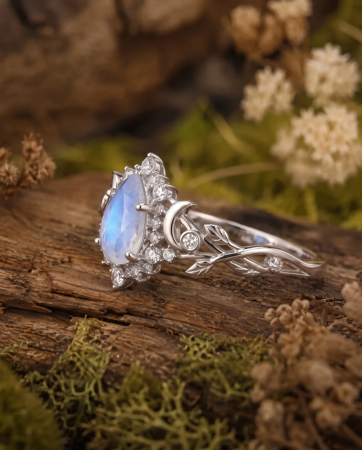 Celestial botanical ring with moonstone and moissanite halo