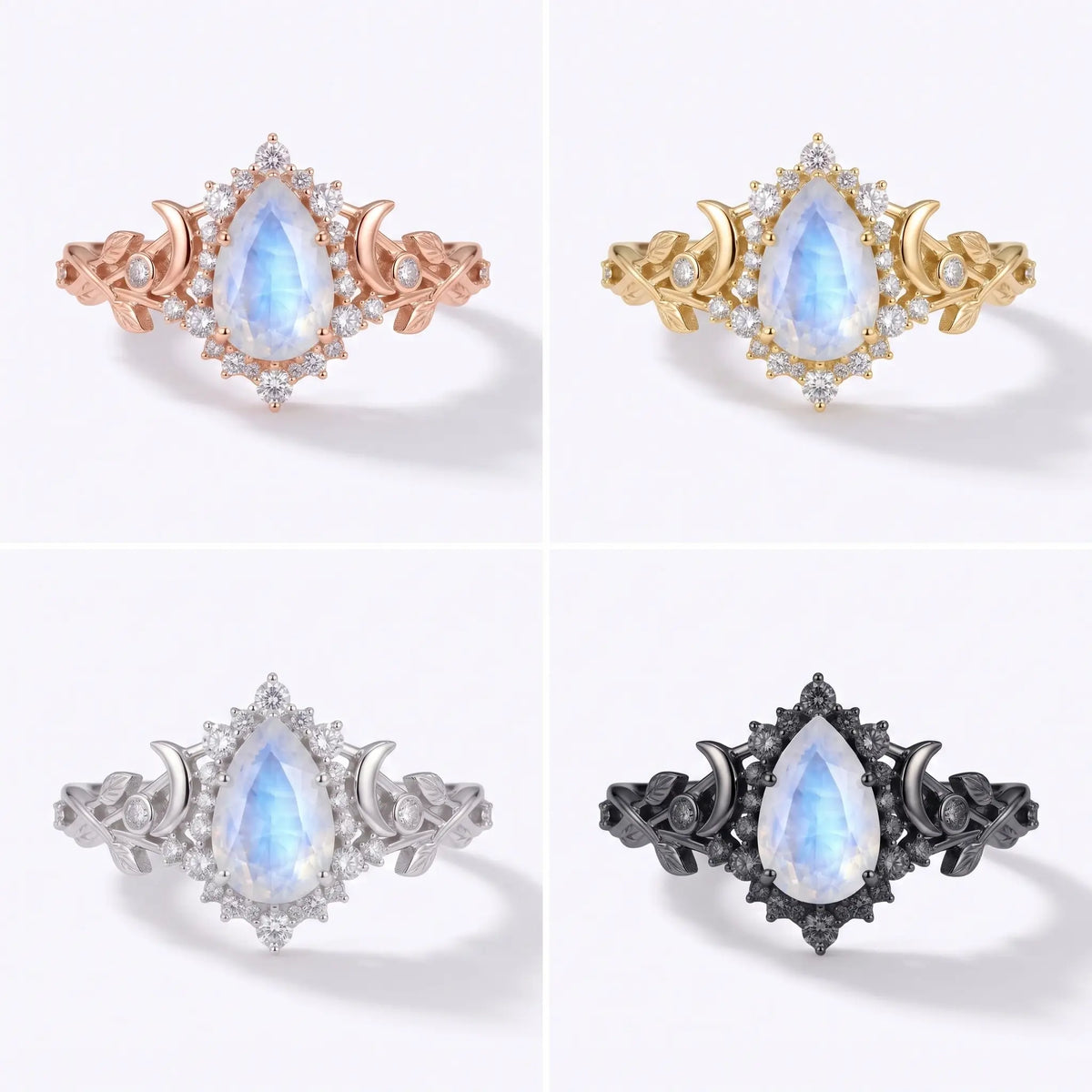 Celestial moonstone ring in black gold, white gold, rose gold, and yellow gold