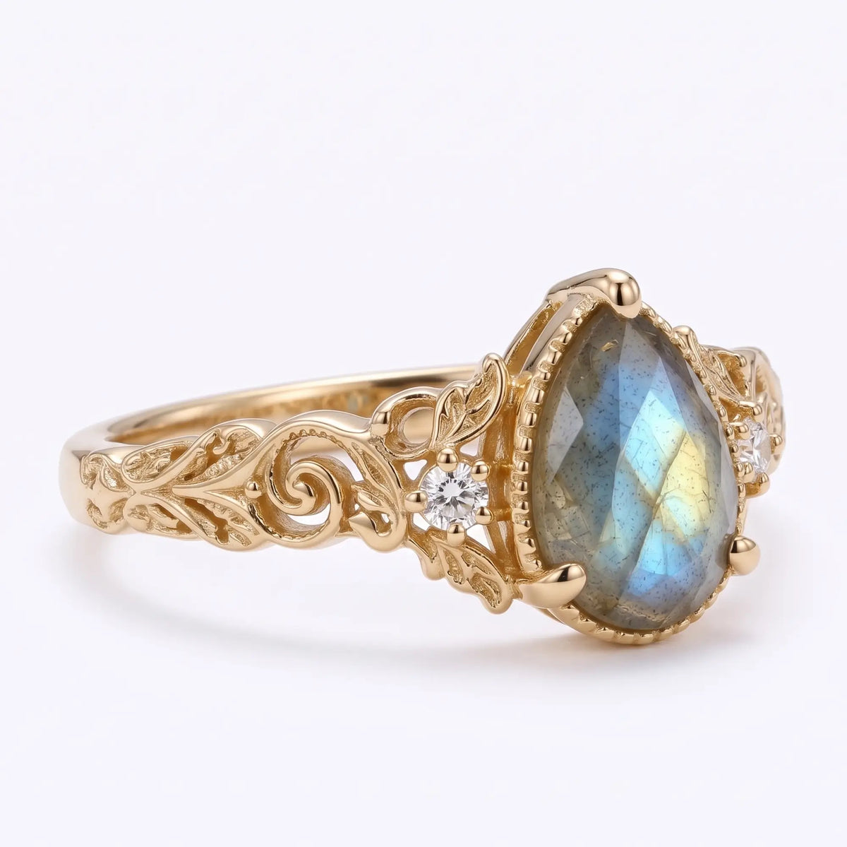 Vintage botanical labradorite ring with openwork gold detail