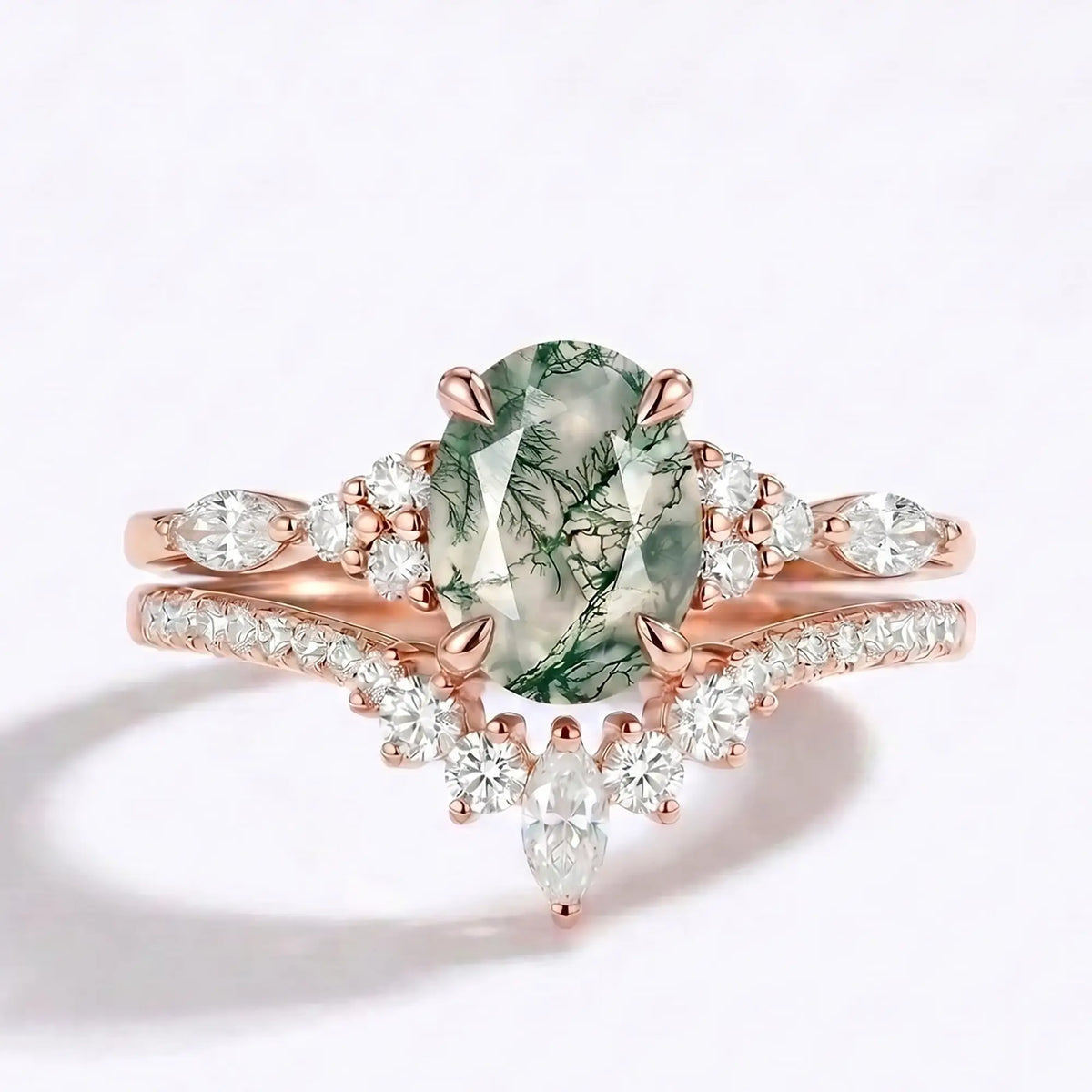 Handcrafted luxury 2-piece natural oval moss agate cluster engagement ring set with marquise crown wedding band by Orleone