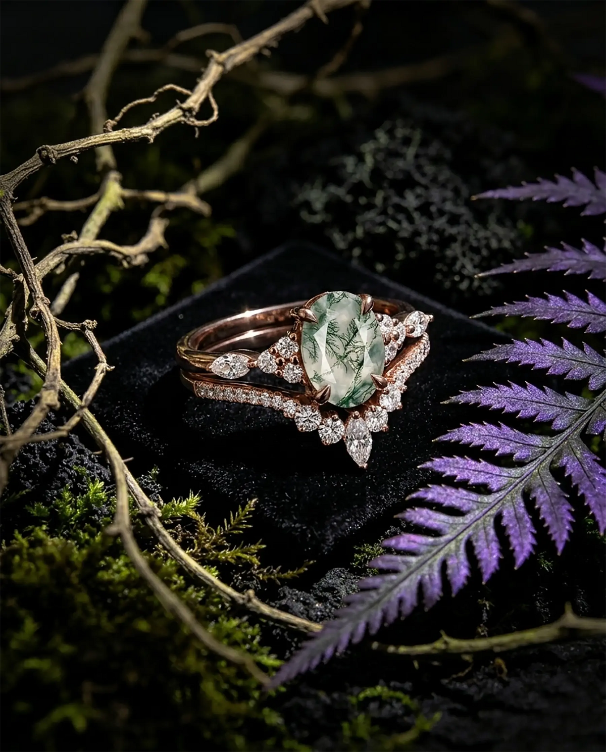 Luxury Moss Agate Oval Cluster Stacking Engagement Ring Set