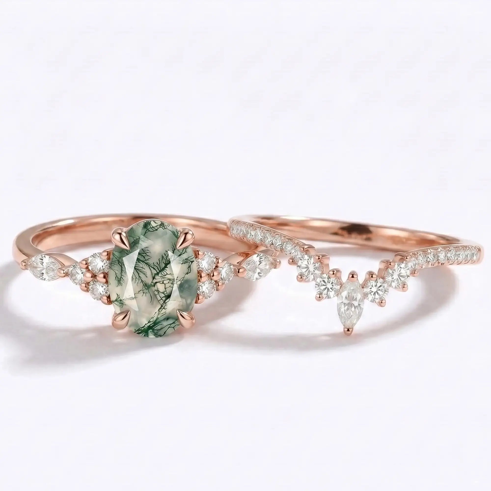 Luxury Moss Agate Oval Cluster Stacking Engagement Ring Set