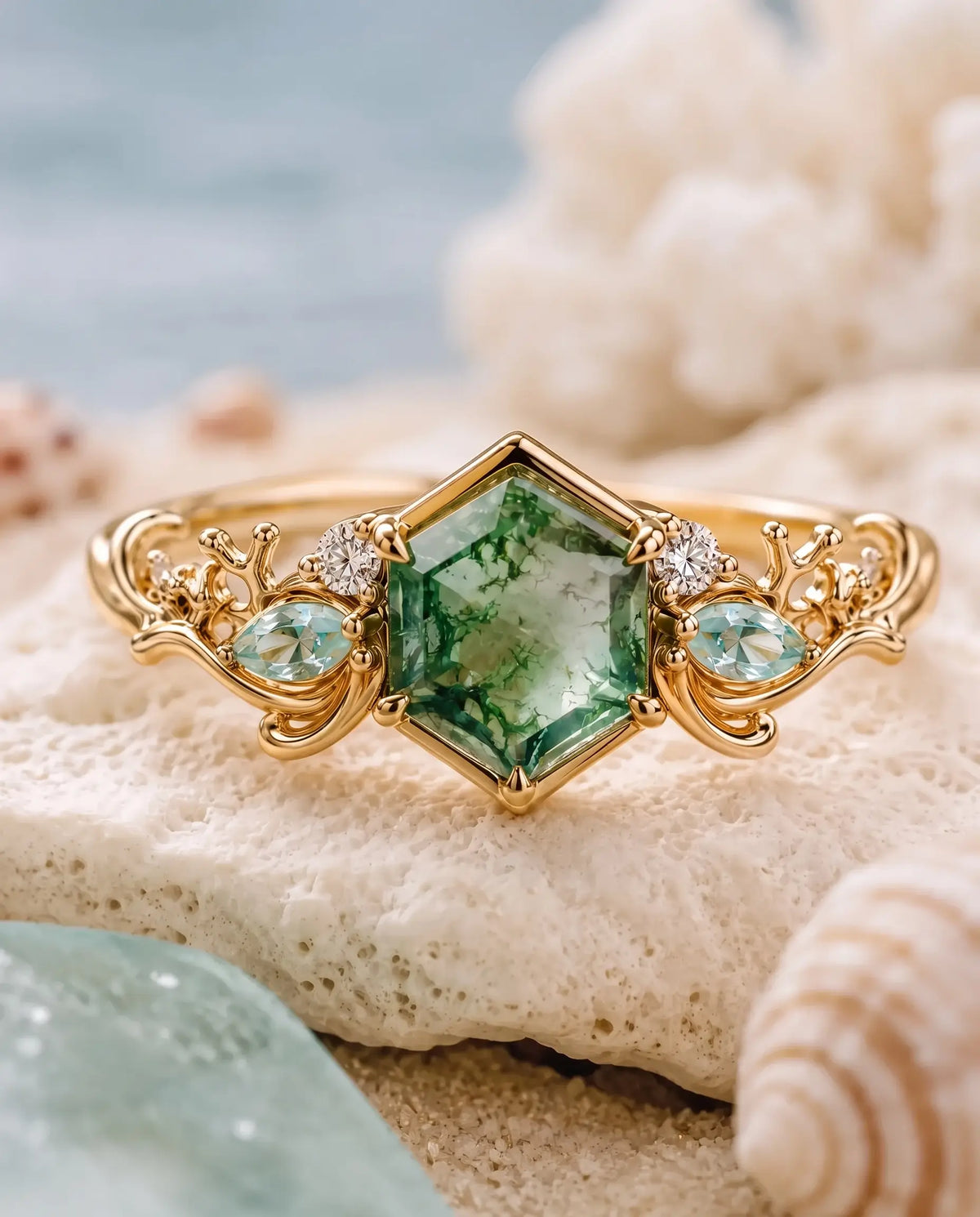 Hexagon Moss Agate Ocean Inspired Coral Engagement Ring – Marevora