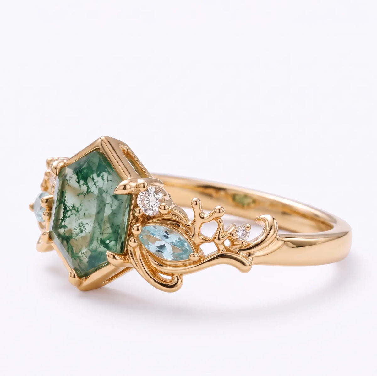 Hexagon Moss Agate Ocean Inspired Coral Engagement Ring – Marevora