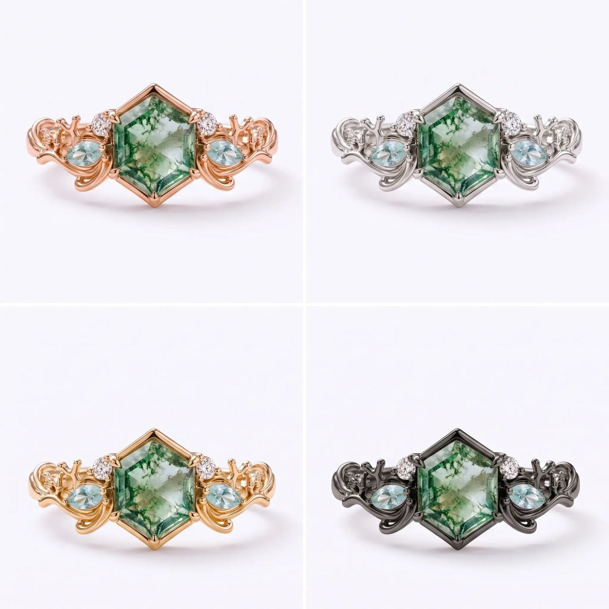 Hexagon Moss Agate Ocean Inspired Coral Engagement Ring – Marevora