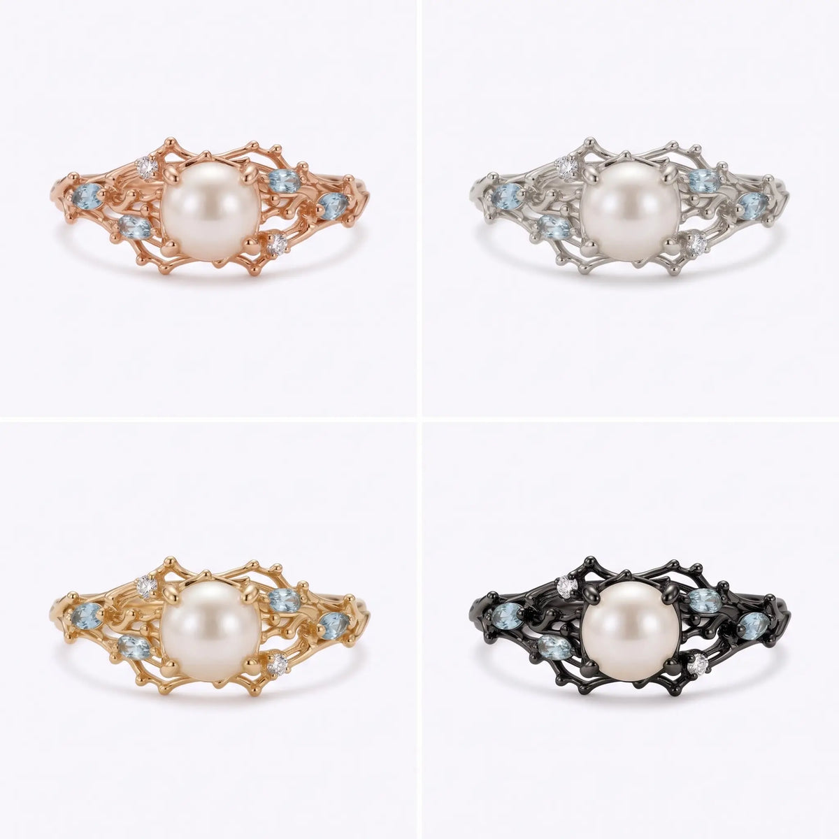 Akoya pearl engagement ring in yellow white rose and black gold
