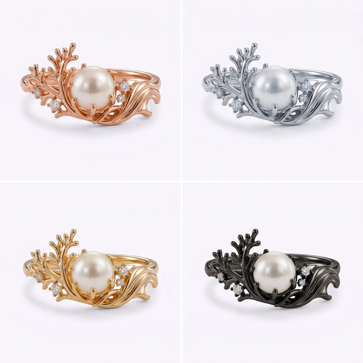 1. Akoya pearl ocean inspired ring shown in yellow white rose and black gold options