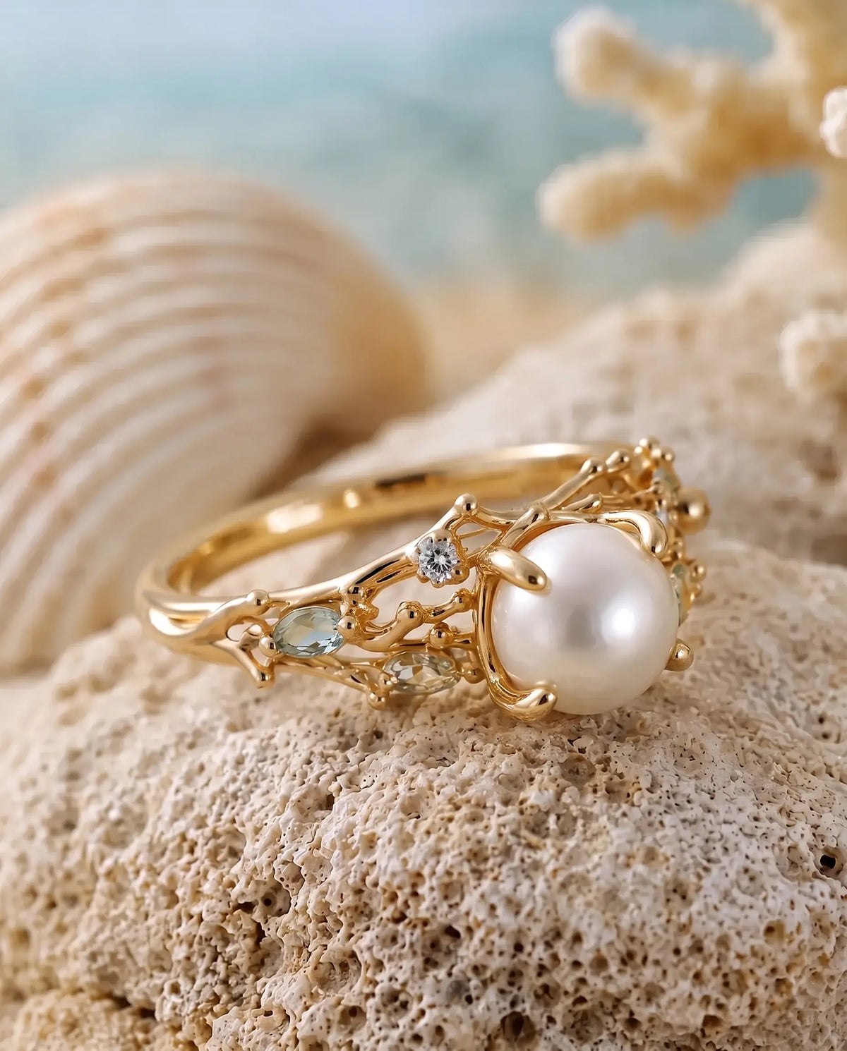 Natural aquamarine and G SI1 diamond accents on pearl engagement ring
