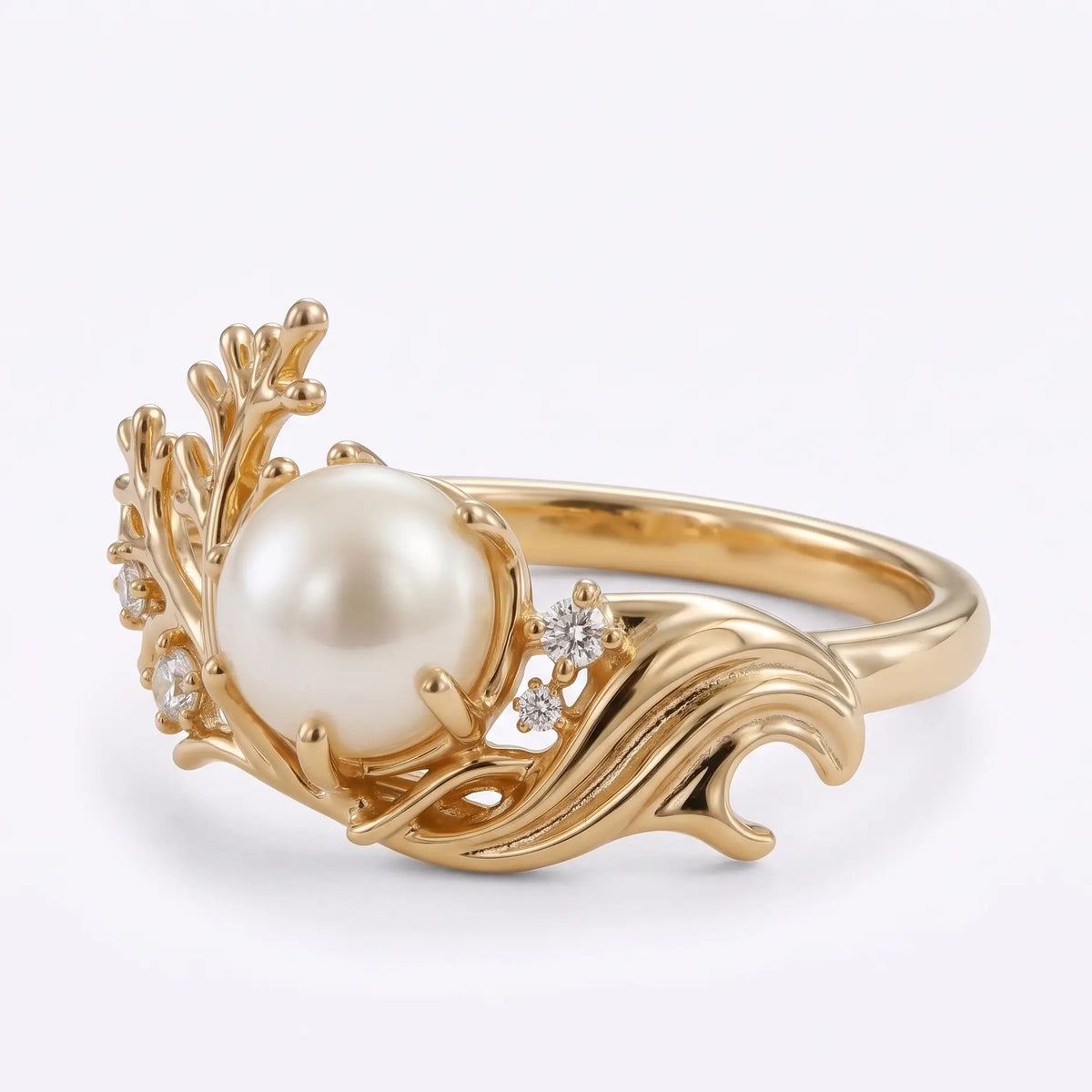 Front view of Akoya pearl ocean inspired engagement ring in artistic asymmetrical design
