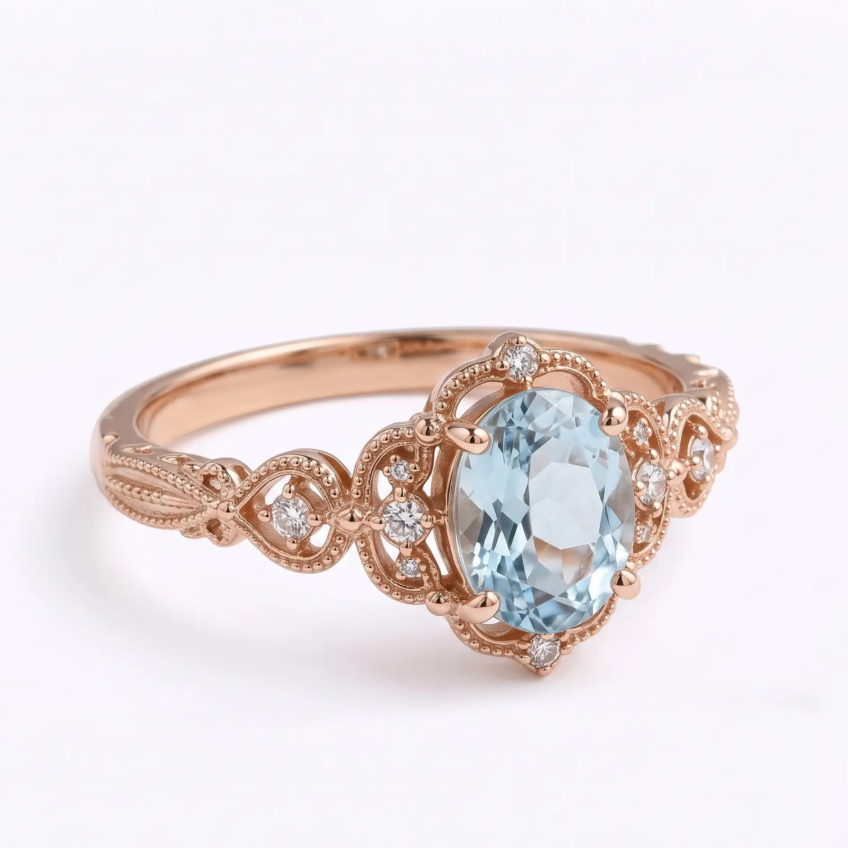 Natural aquamarine ring with milgrain detail and moissanite accents