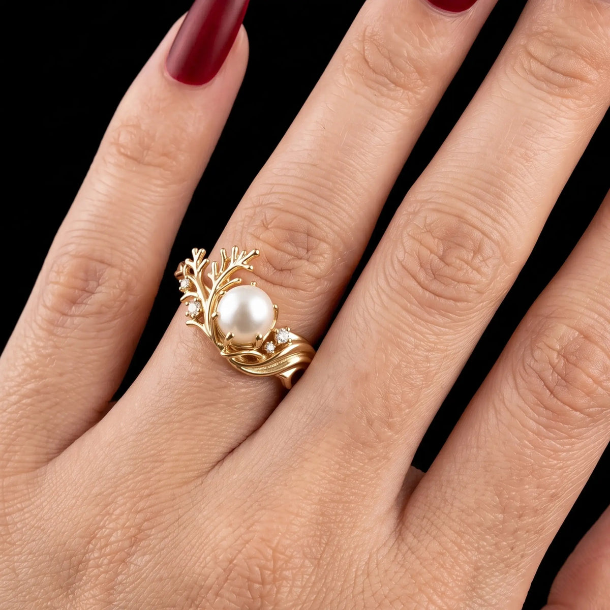 Band detail of artistic asymmetrical gold pearl ring for women