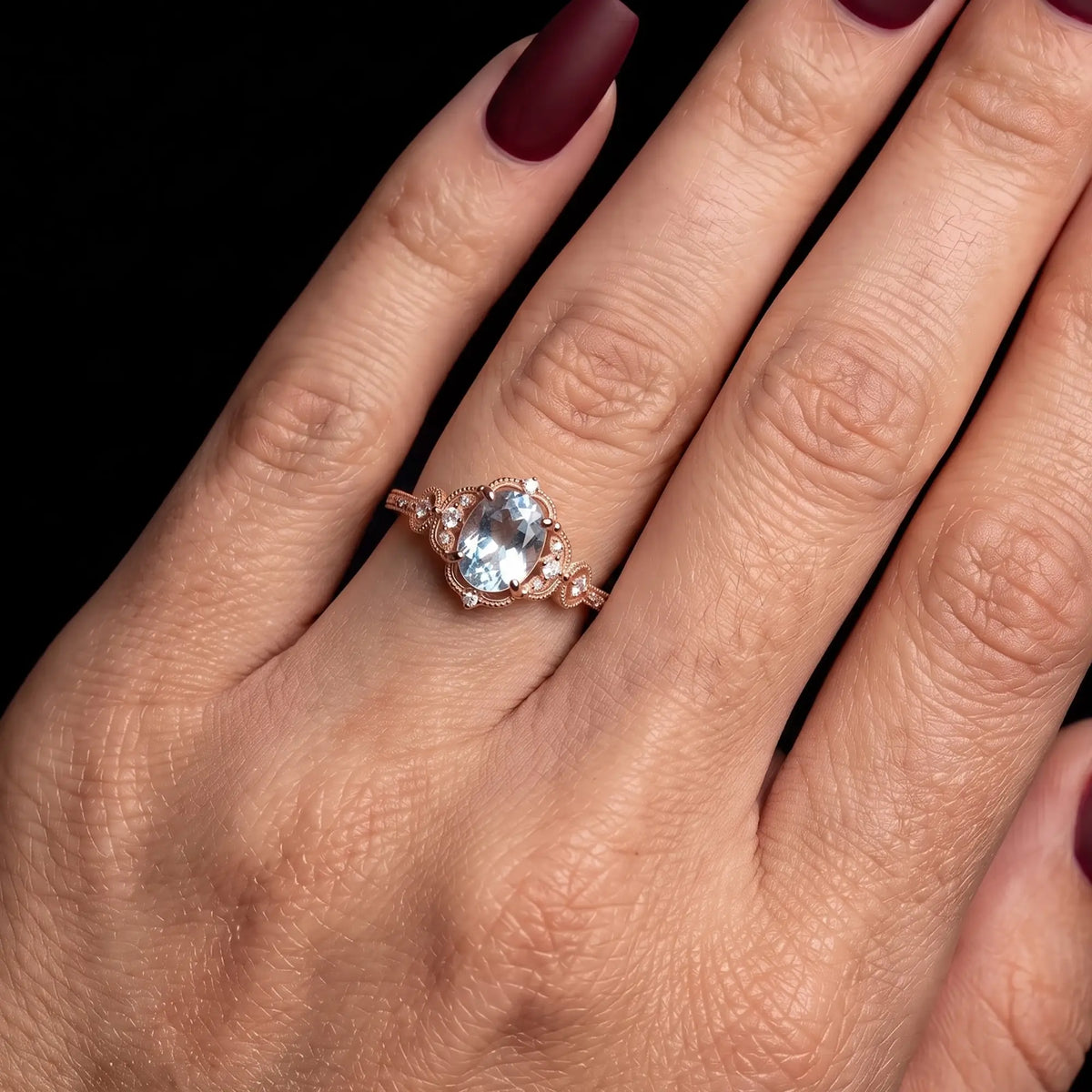 March birthstone engagement ring with antique inspired halo design for women