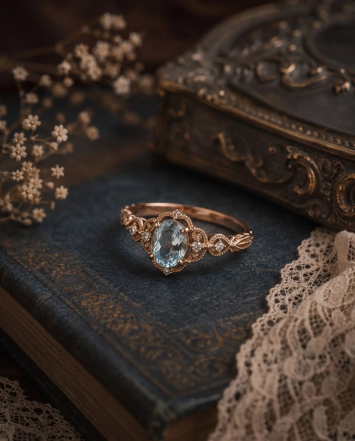 Close-up of openwork and milgrain detailing on aquamarine ring