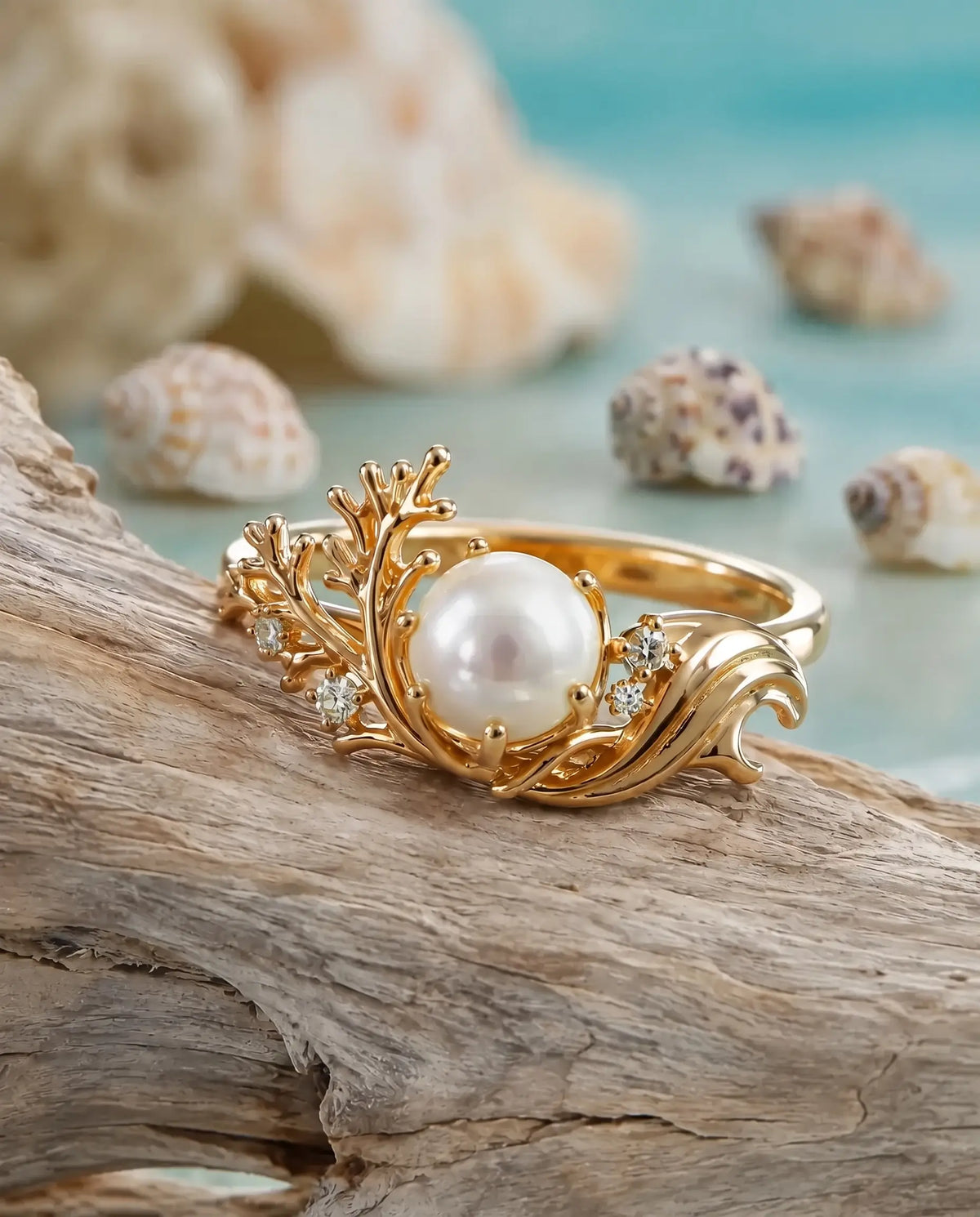 Openwork coral inspired gold detail on unique ocean inspired pearl ring