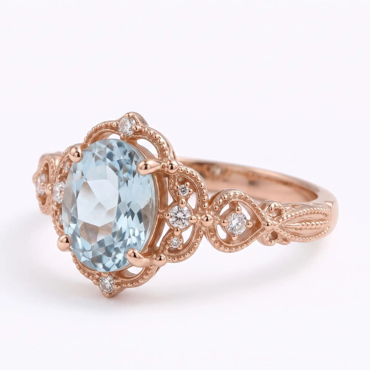 Front view of Edwardian-inspired oval aquamarine ring