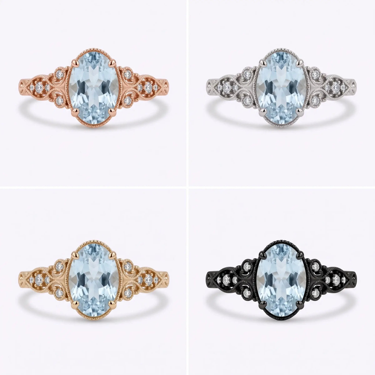 Oval aquamarine gold ring shown in different metal colors