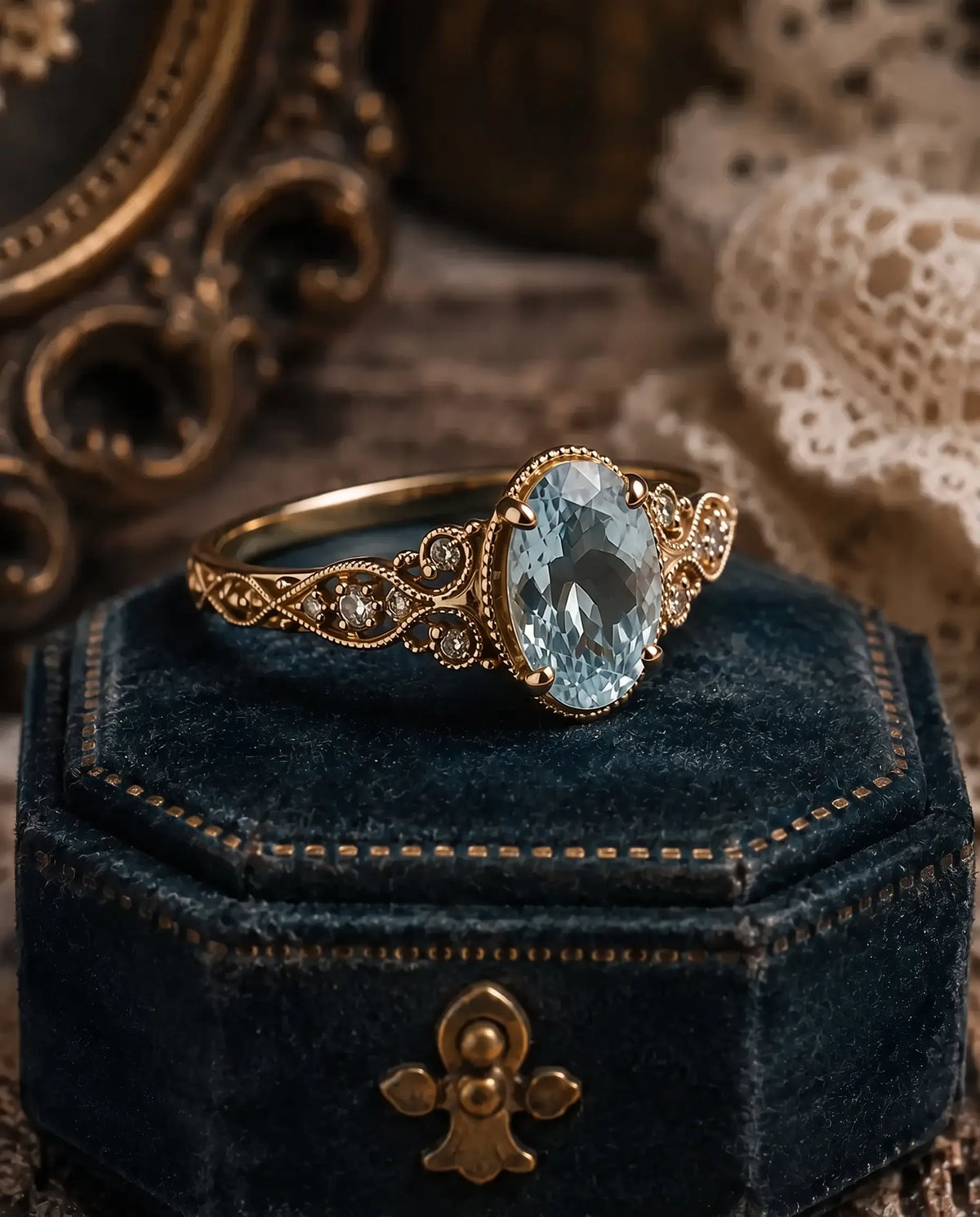 Side detail of Victorian aquamarine ring in gold