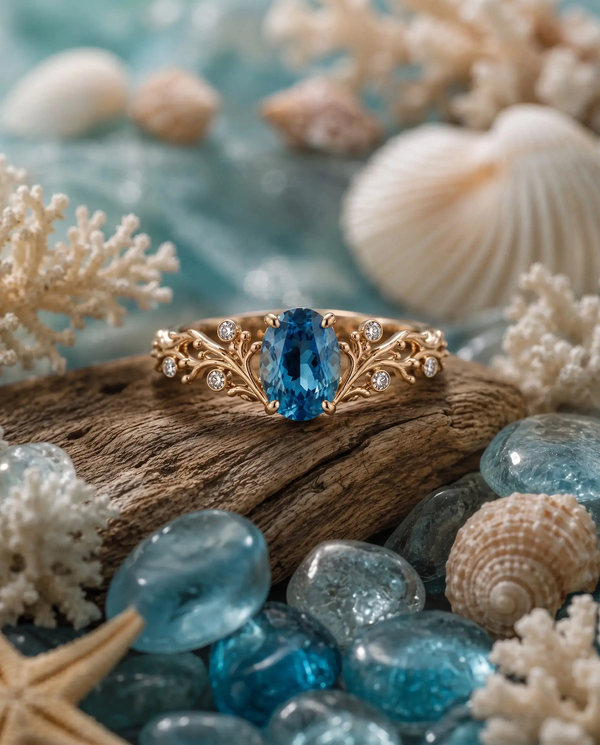 Ocean inspired oval gemstone ring with bezel-like moissanite accents