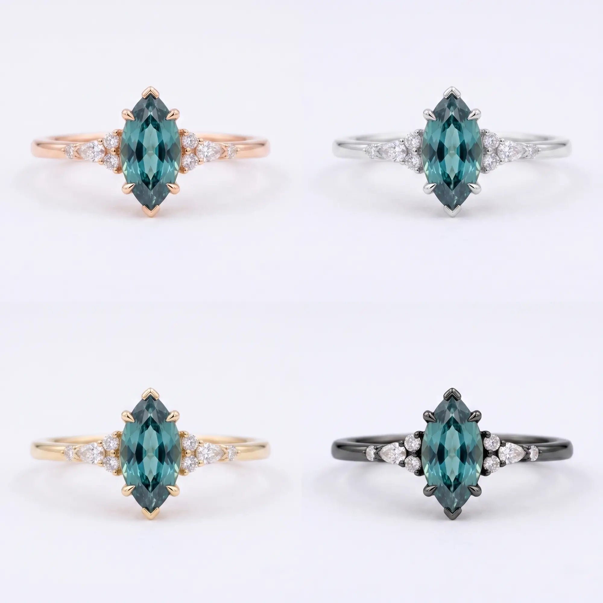 Studio matrix showcasing the marquise alexandrite cluster ring across rose gold, yellow gold, white gold, and black gold options