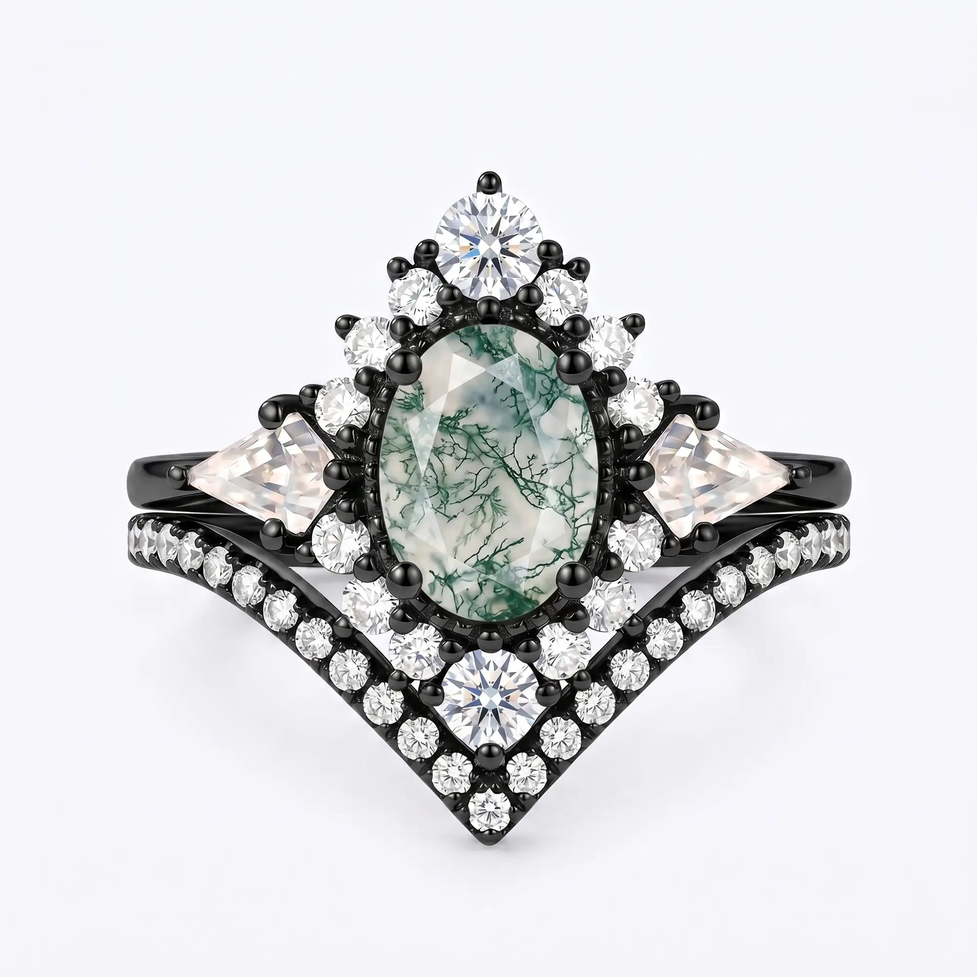 Handcrafted luxury 2-piece gothic natural oval moss agate halo engagement ring set in black gold by Orleone