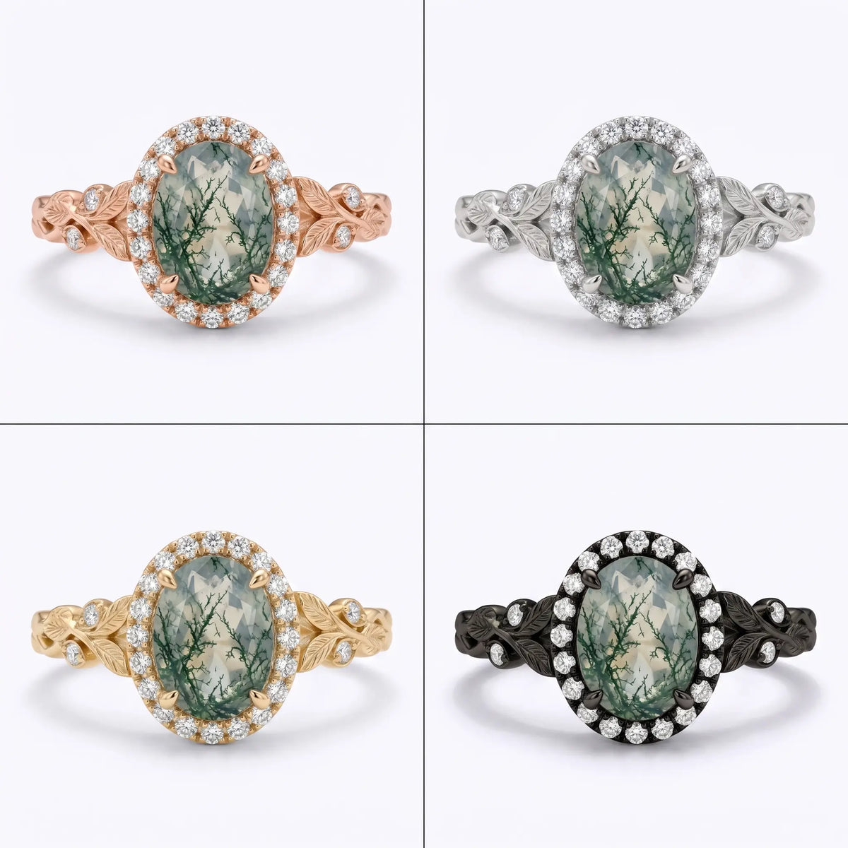 Oval moss agate halo ring shown in black gold, white gold, rose gold, and yellow gold