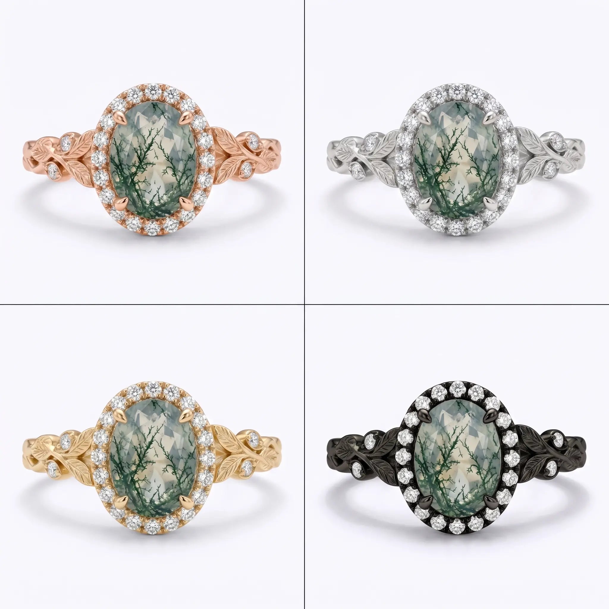 Oval moss agate halo ring shown in black gold, white gold, rose gold, and yellow gold