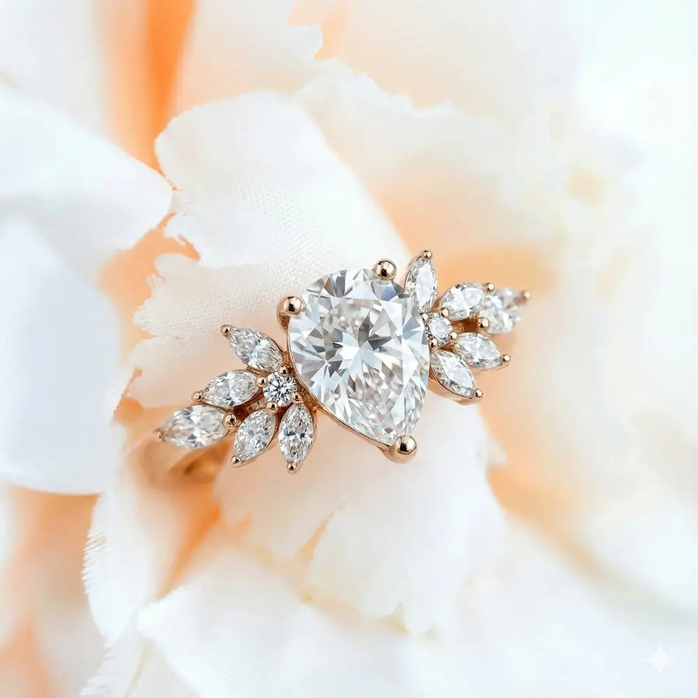 custom moissanite engagement ring pear cut flora rings