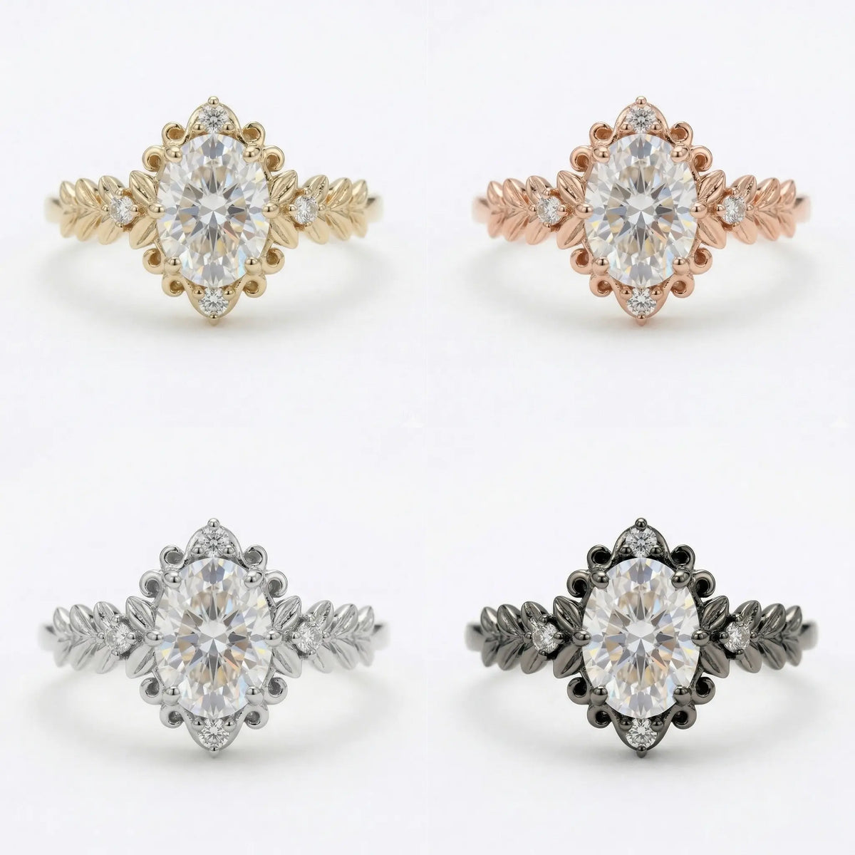 vintage oval moissanite leaf engagement ring victorian style romantic unique handmade gold ring nature inspired promise ring for her 4 color
