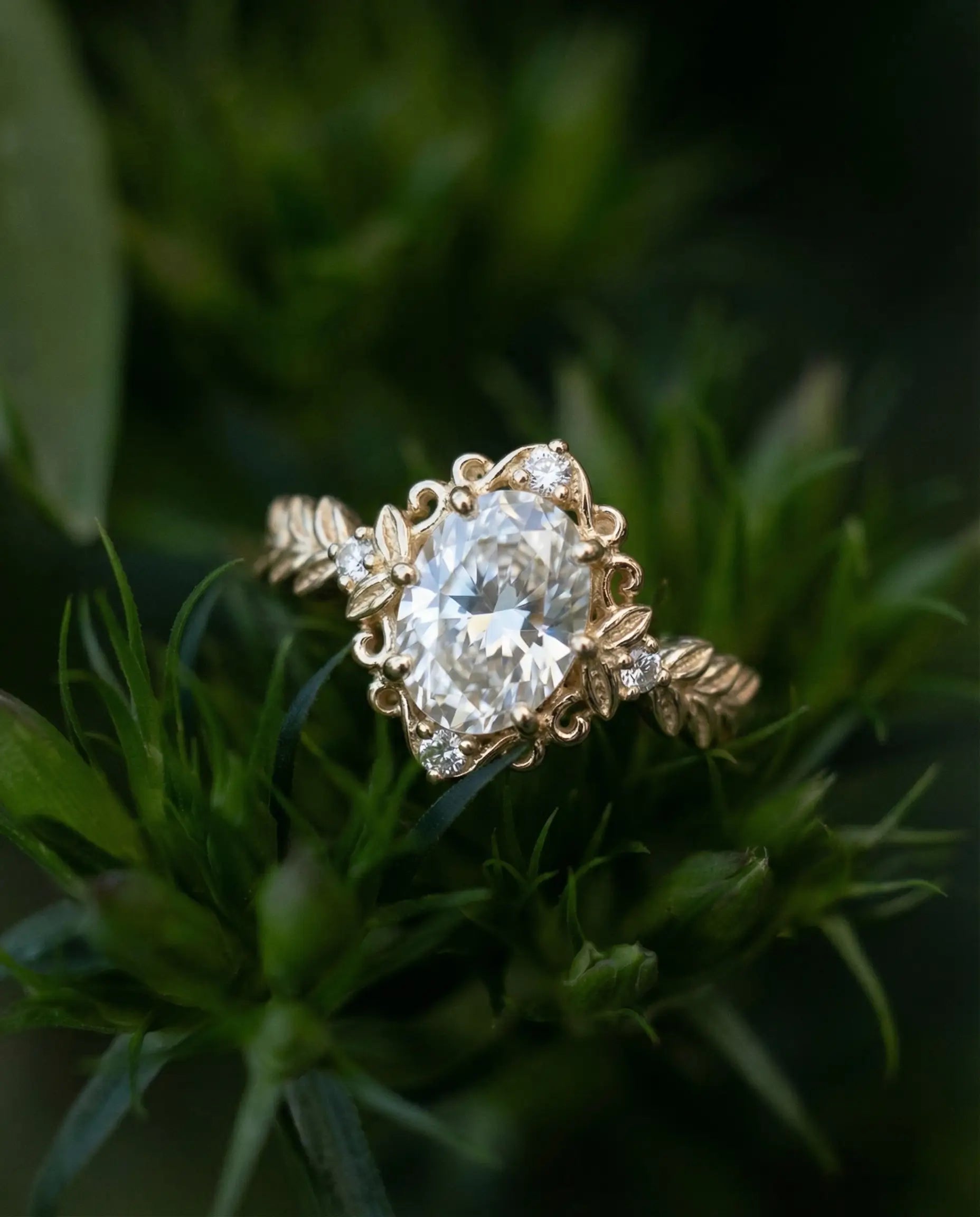 Vintage Oval Moissanite Leaf Engagement Ring Romantic Unique