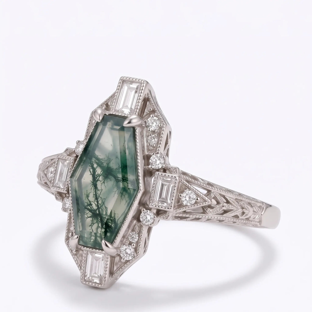 Front view of coffin cut moss agate Gothic halo promise ring with Art Deco cluster design