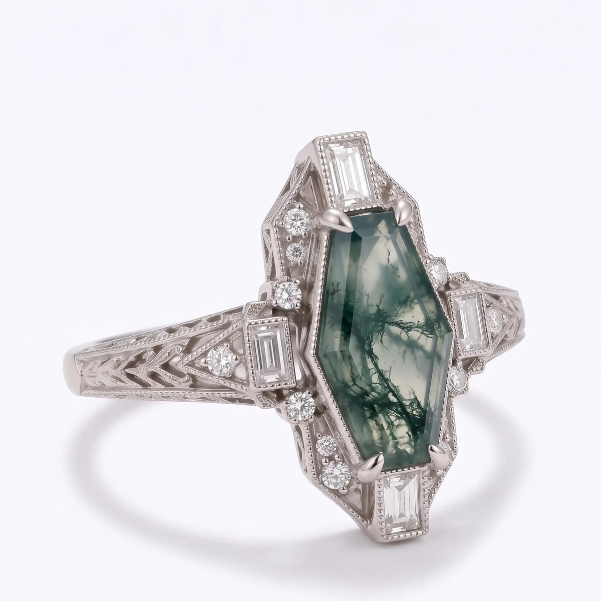 Three quarter view of vintage moss agate cluster ring in Gothic Art Deco style