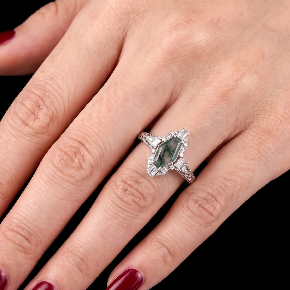 Coffin cut moss agate Gothic halo promise ring worn on hand
