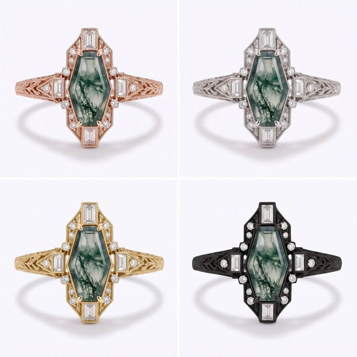 Vintage coffin moss agate halo ring available in yellow gold white gold rose gold and black gold