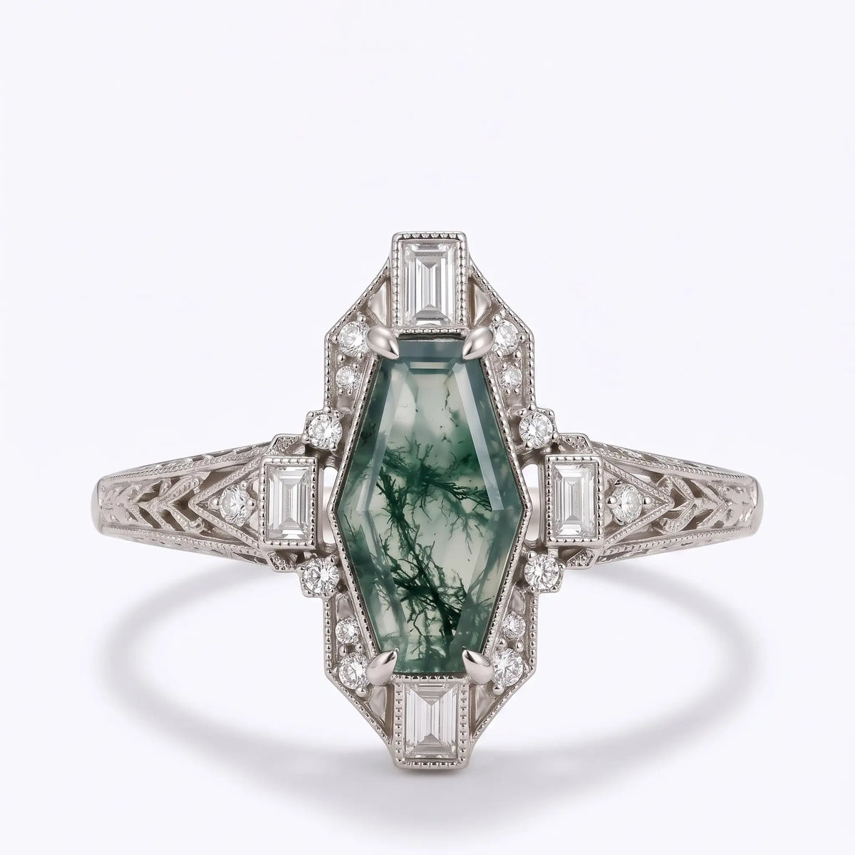Vintage coffin cut moss agate Gothic halo cluster promise ring with round and baguette moissanite accents in white gold