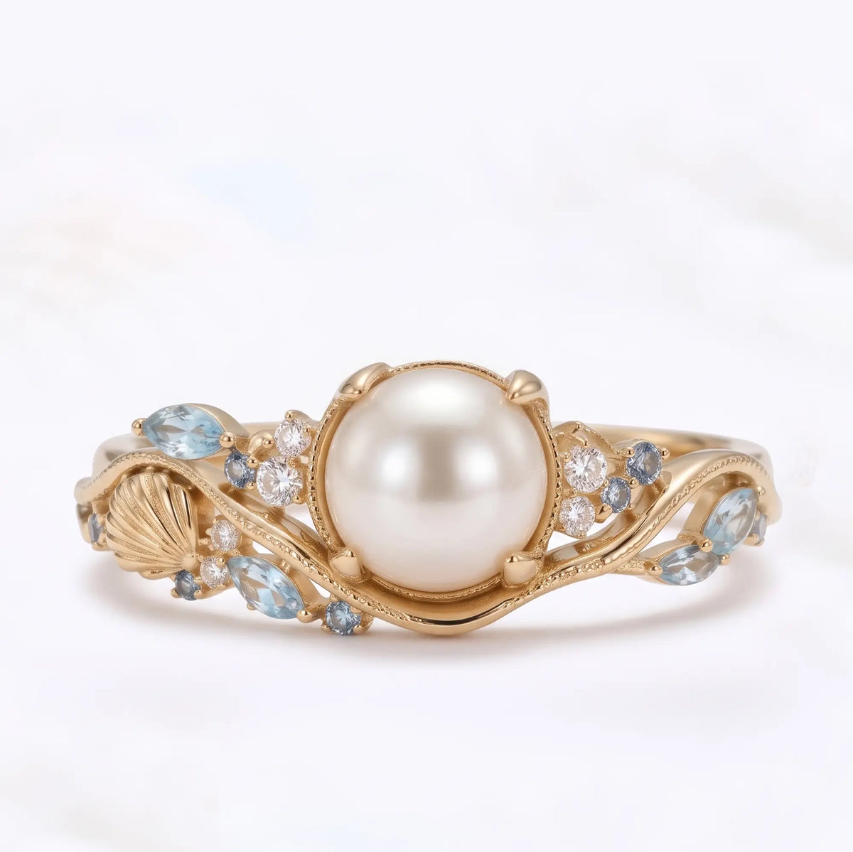 Akoya pearl ocean inspired cluster engagement ring with aquamarine amethyst and moissanite accents