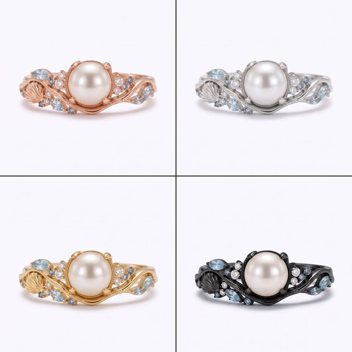 Akoya pearl cluster engagement ring shown in yellow white rose and black gold options